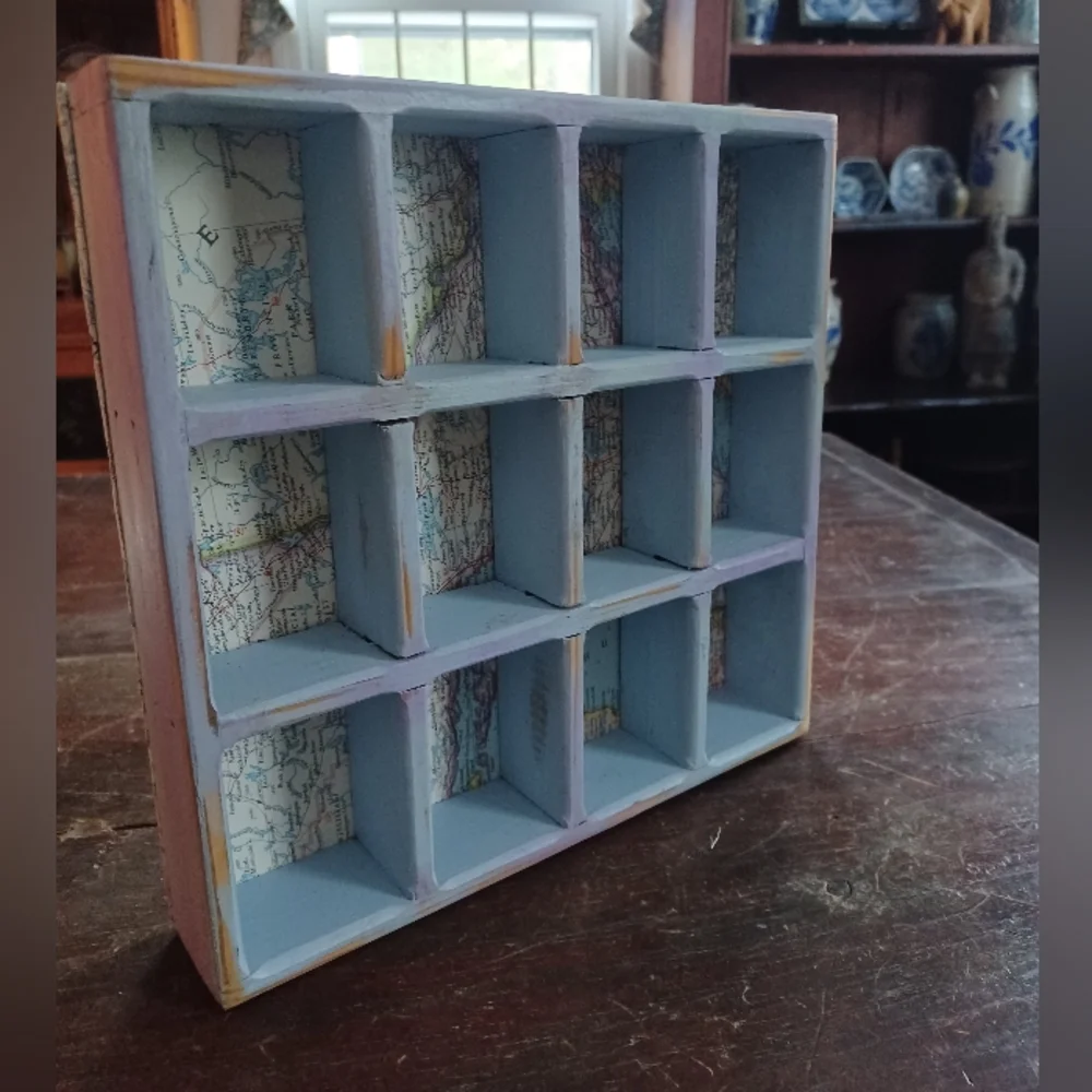 Handmade blue wooden mini wall curio display shelf w/ vintage road maps